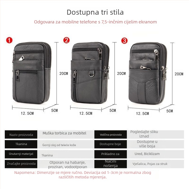 Torba za mobitel od prave kože, gornji sloj teleće kože, zatvarač, uspravni kvadratni oblik, podstava od poliestera