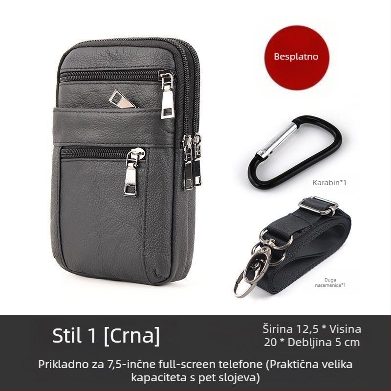 Torba za mobitel od prave kože, gornji sloj teleće kože, zatvarač, uspravni kvadratni oblik, podstava od poliestera