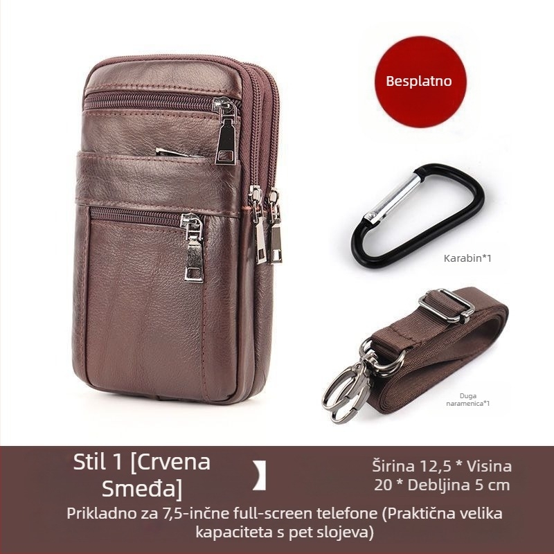 Torba za mobitel od prave kože, gornji sloj teleće kože, zatvarač, uspravni kvadratni oblik, podstava od poliestera