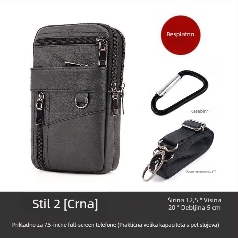 Torba za mobitel od prave kože, gornji sloj teleće kože, zatvarač, uspravni kvadratni oblik, podstava od poliestera