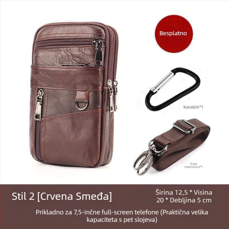 Torba za mobitel od prave kože, gornji sloj teleće kože, zatvarač, uspravni kvadratni oblik, podstava od poliestera