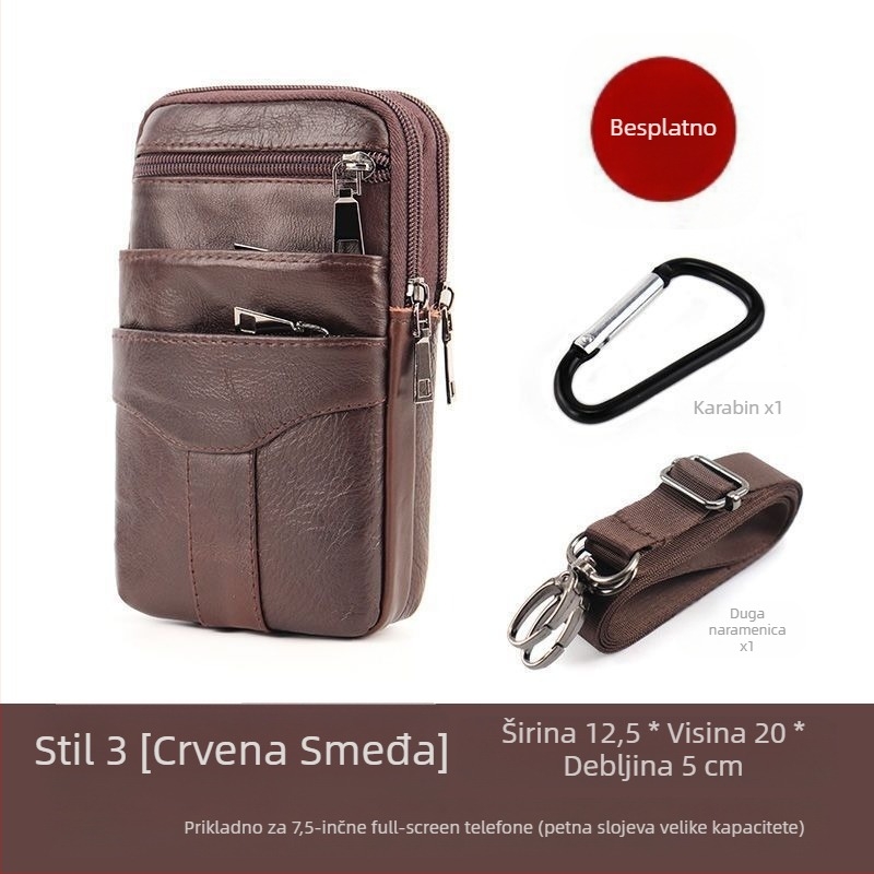 Torba za mobitel od prave kože, gornji sloj teleće kože, zatvarač, uspravni kvadratni oblik, podstava od poliestera