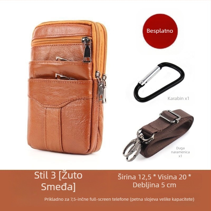 Torba za mobitel od prave kože, gornji sloj teleće kože, zatvarač, uspravni kvadratni oblik, podstava od poliestera