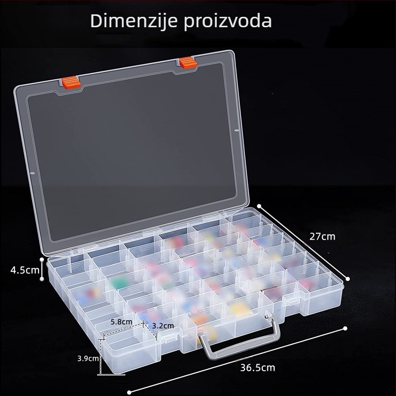 Kutija za pohranu dijelova s pregradama, prijenosna, prozirna s 48 pretinaca, PP materijal, poklopac uključen