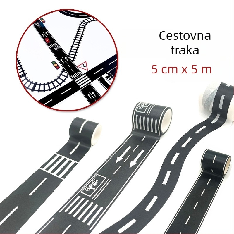 Traka za ceste i željezničke tračnice za DIY; ljepilo s papirnatom podlogom; nije sastavljena; pogodno za djecu 0–3 godine; Kategorija 3C: Druge igračke do 14 godina