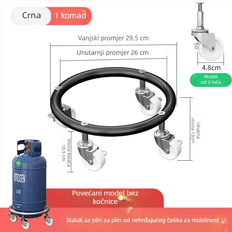 Baza za plinsku bocu s kočnicama i univerzalnim kotačićima, nehrđajući čelik, prijenosna ploča