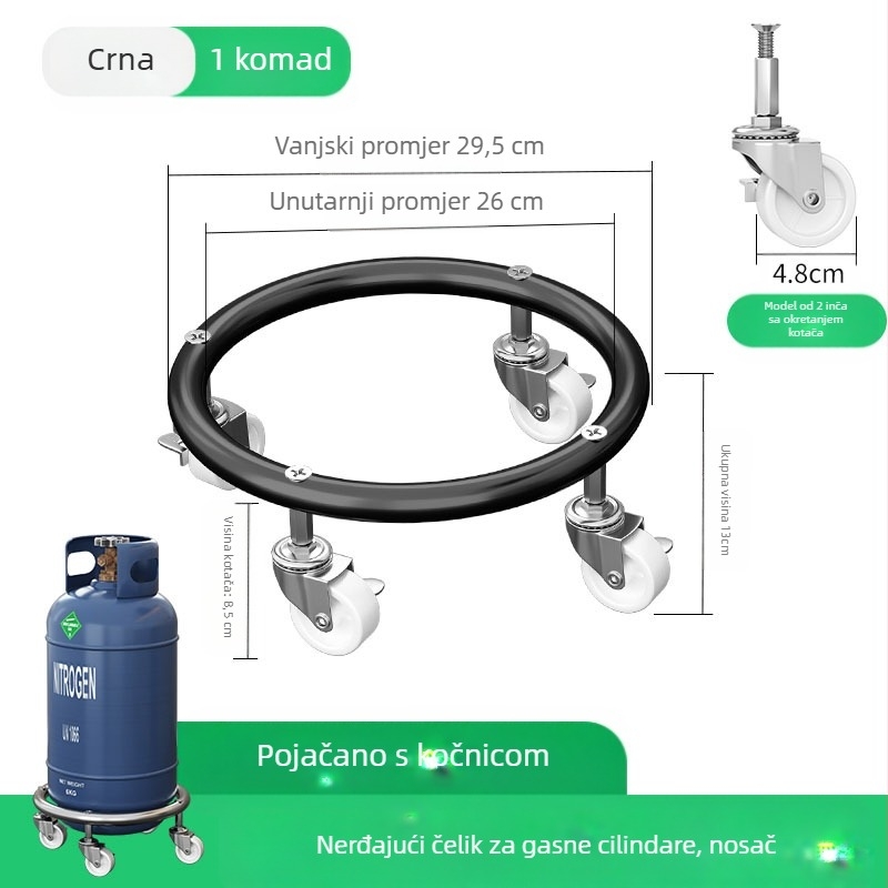 Baza za plinsku bocu s kočnicama i univerzalnim kotačićima, nehrđajući čelik, prijenosna ploča