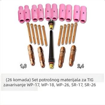 Set potrošnog materijala za TIG plinsko zavarivanje WP17/18/26 serije — WT20 držač volfram elektrode, promjer jezgre 1,6 mm