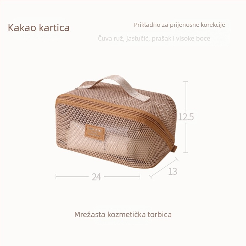 Mrežasta kozmetička torbica u stilu ručne torbe, izrađena od poliestera, višenamjenska za putovanja.