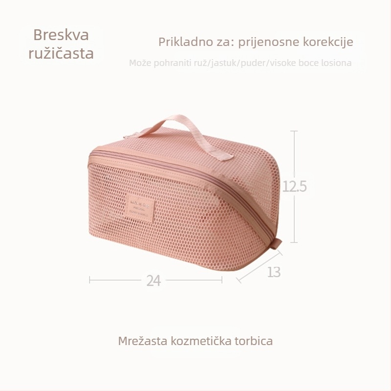 Mrežasta kozmetička torbica u stilu ručne torbe, izrađena od poliestera, višenamjenska za putovanja.