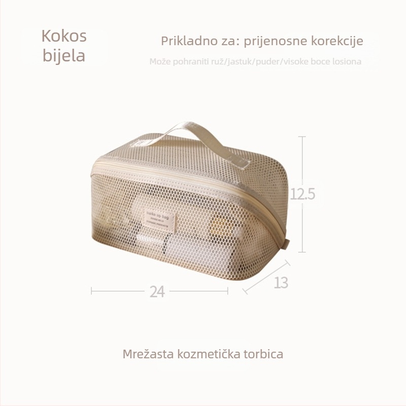 Mrežasta kozmetička torbica u stilu ručne torbe, izrađena od poliestera, višenamjenska za putovanja.