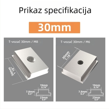 10-dijelni set drvenih T-kanalskih kliznih pločica s M8T vijcima, M8 maticama i držačem — Težina: 0,4