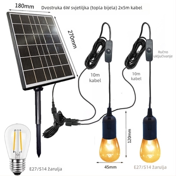 Solarna vrtna lampica s podijeljenim sustavom 1–2, LED, 5W, 6V, IP44, trajanje osvjetljenja 6–12 h