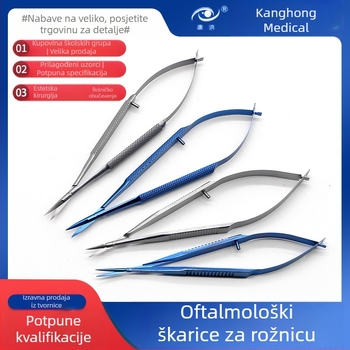 Očne nožice za rohovicu – mikrosurgijski instrumenti s pravim i zakrivljenim rubom; nehrđajući čelik i titanov spoj, marka Kang Hong