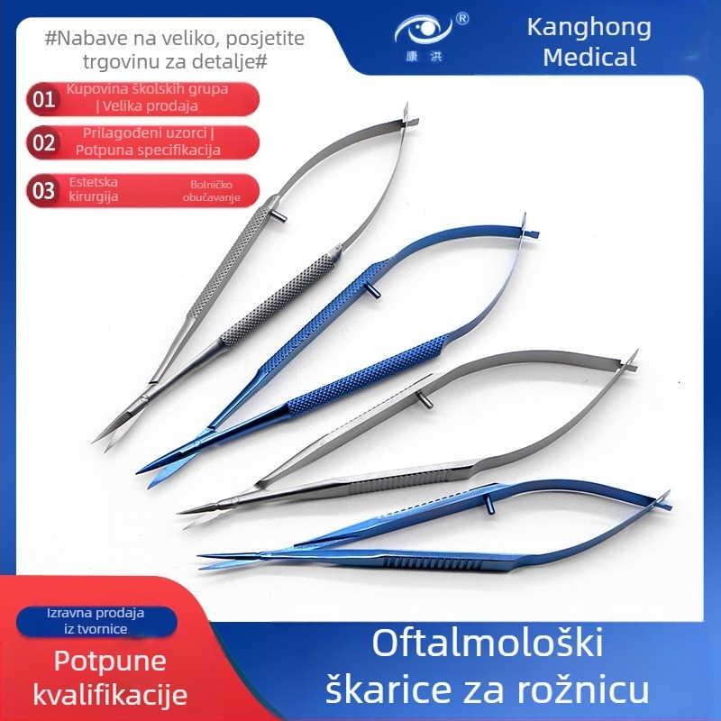 Očne nožice za rohovicu – mikrosurgijski instrumenti s pravim i zakrivljenim rubom; nehrđajući čelik i titanov spoj, marka Kang Hong