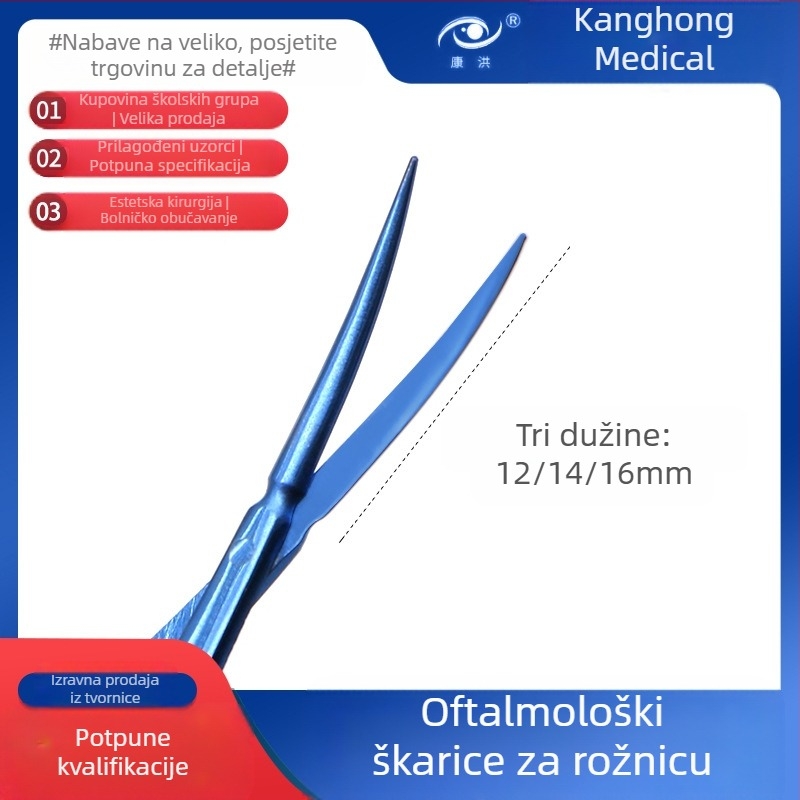 Očne nožice za rohovicu – mikrosurgijski instrumenti s pravim i zakrivljenim rubom; nehrđajući čelik i titanov spoj, marka Kang Hong