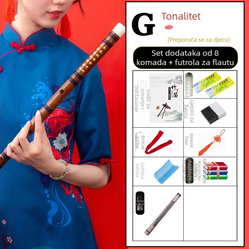 Flauta - antički stil, transversalna bambus flauta; jednoslojni model; pakiranje u flanelskoj torbi; porijeklo Hunan Nanyue