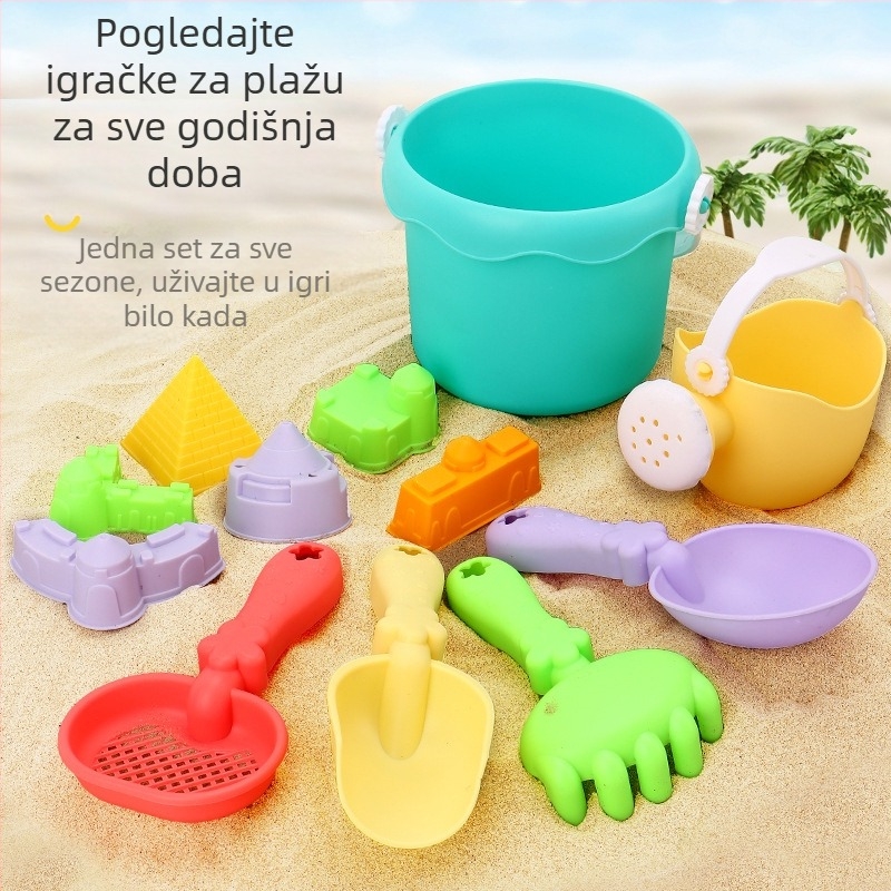 Plažni set alata za igru u pijesku sa sklopivom kantu, lopaticom i dodacima s pješčanim satom – plastično, za djecu 4–6 godina
