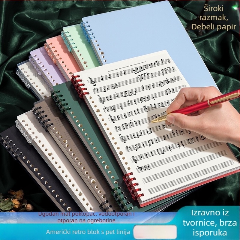 Sijin bilježnica s pet linija za note s uklonjivim listovima, model A5/B5, Lin Dao papir, 60 listova, 26 rupa