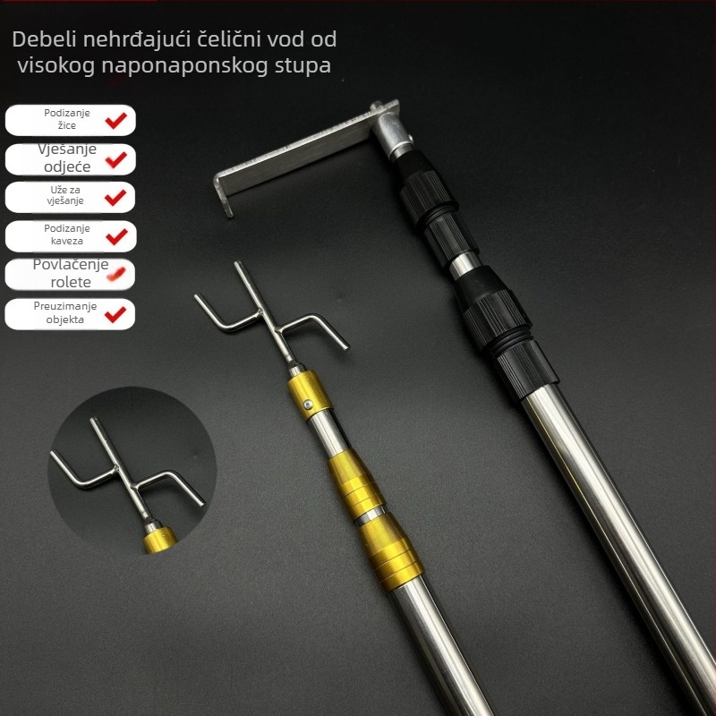 Teleskopski rod za odjeću od nehrđajućeg čelika s kukom – za vješalice, hlače i kravate (Teleskopski; Nehrđajući čelik)