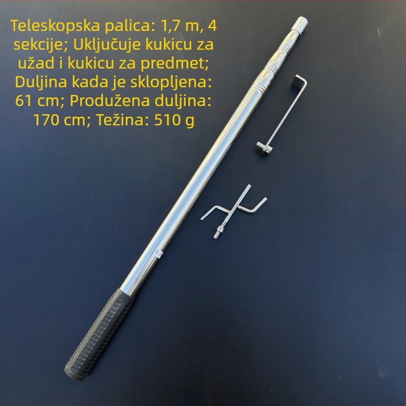 Teleskopski rod za odjeću od nehrđajućeg čelika s kukom – za vješalice, hlače i kravate (Teleskopski; Nehrđajući čelik)