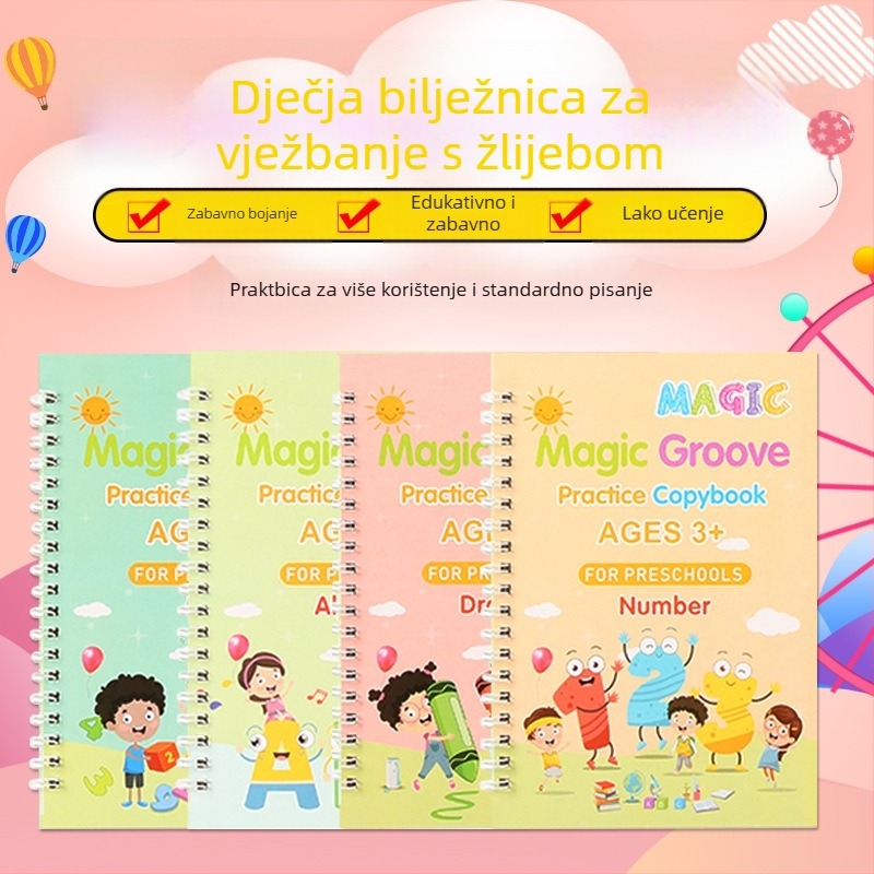 Žljebasta knjiga za vježbanje pisanja za englesku djecu — Ecchi, serija English children practice copybook; materijal: bijeli karton; pogodno za mastilo sa slabim otapalima; IP dozvola: Ne (Brand: Ecchi; Series: English children practice copybook; Material
