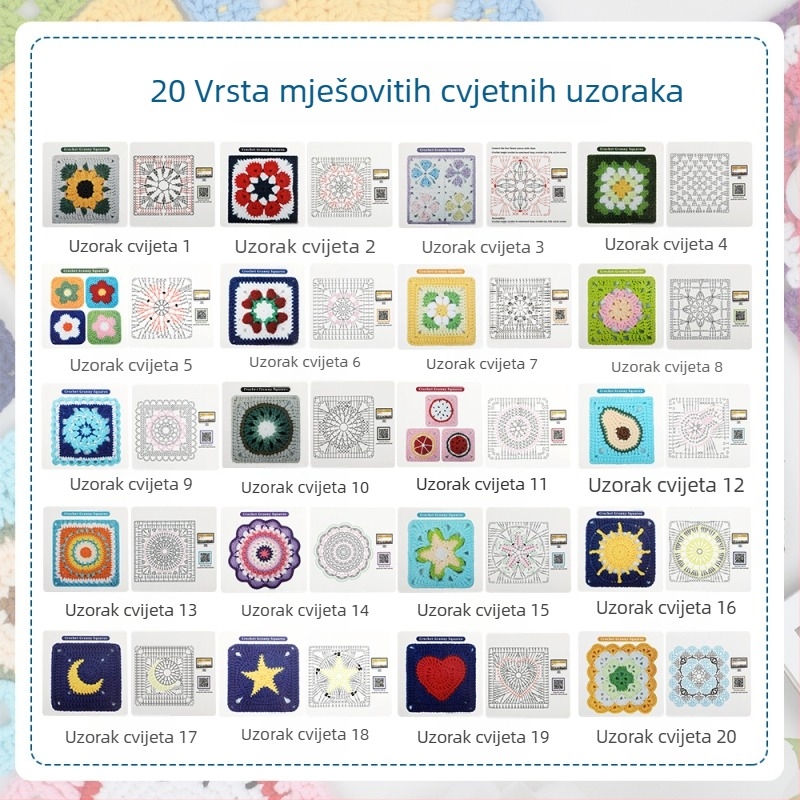 Set za kukičanje s ilustriranim uputama za 20 komada granny plaid – Zuo Man, moderni stil, 250 g, kutija 100 kom