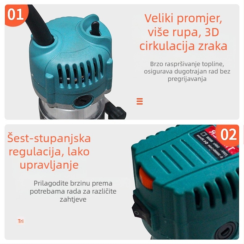 Električni alat za obradu drveta s regulacijom brzine – finiširanje, kanalsko rezanje, graviranje i bušenje rupa; serija električno drvo frezanje; 220V jednofazno; za metalnu obradu