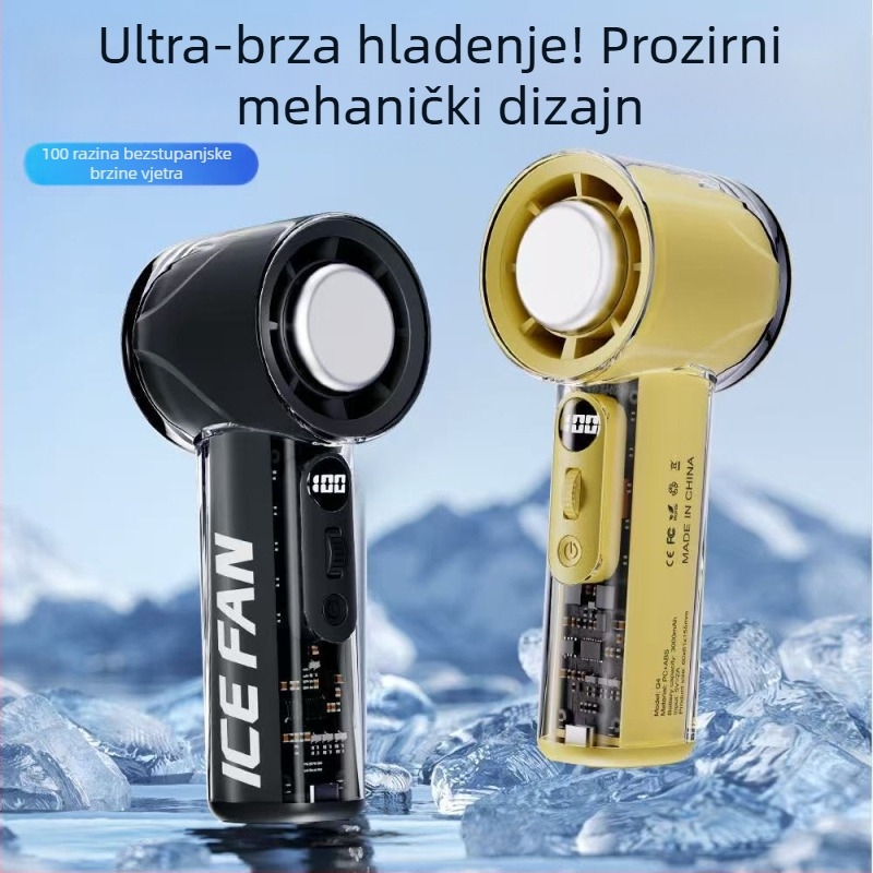 Ručni ventilator za hlađenje, prijenosni, USB punjenje, ugrađena baterija, 6 brzina, prozirno kućište