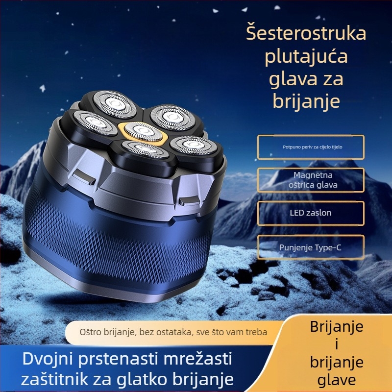 Električni brijač s šest rotirajućih glava, potpuno periv za cijelo tijelo, LED zaslon, plutajuća oštrica, izmjenjive i perive glave, ugrađena litijska baterija 800–1000 mAh, trajanje rada preko 60 minuta.