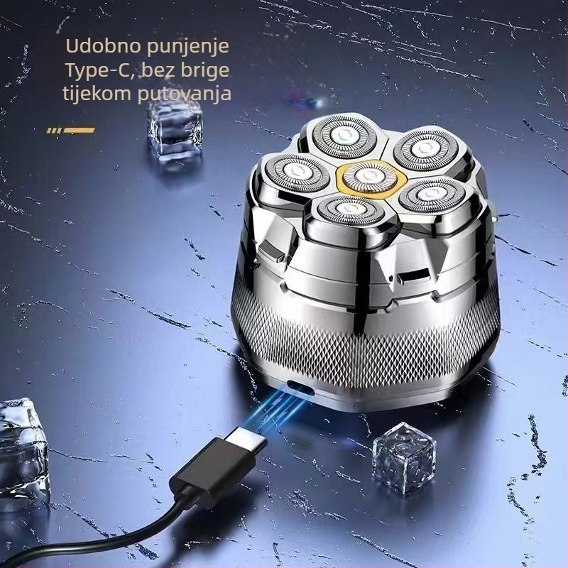 Električni brijač s šest rotirajućih glava, potpuno periv za cijelo tijelo, LED zaslon, plutajuća oštrica, izmjenjive i perive glave, ugrađena litijska baterija 800–1000 mAh, trajanje rada preko 60 minuta.