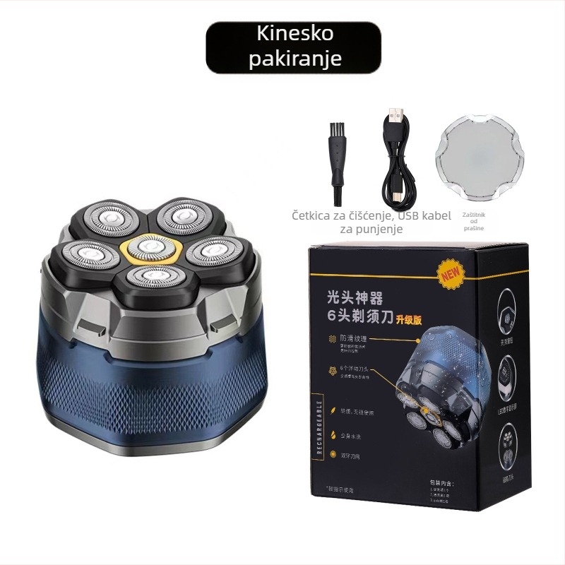 Električni brijač s šest rotirajućih glava, potpuno periv za cijelo tijelo, LED zaslon, plutajuća oštrica, izmjenjive i perive glave, ugrađena litijska baterija 800–1000 mAh, trajanje rada preko 60 minuta.