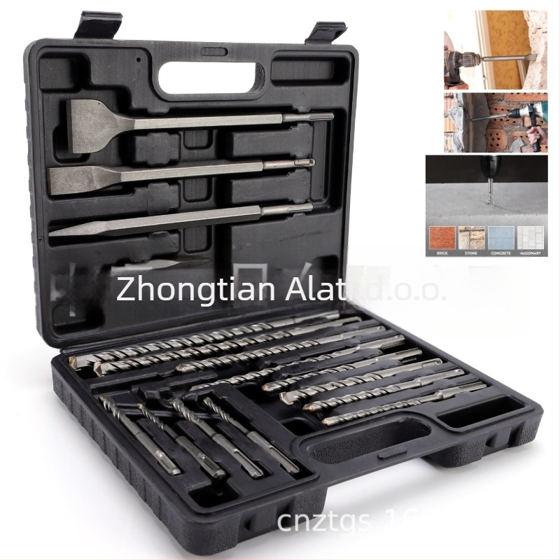 Set bušilica za čekić, 17 komada, okrugli osovinski dio, dvostruki žljebovi, za bušenje u zid i beton