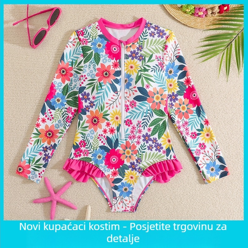 Dječji kupaći kostim za djevojčice s dugim rukavima, zaštita od sunca, print s lomljenim cvijećem, materijal 82% poliester, podstava 18% spandeksa, težina 150 g, za plivanje i vodene sportove