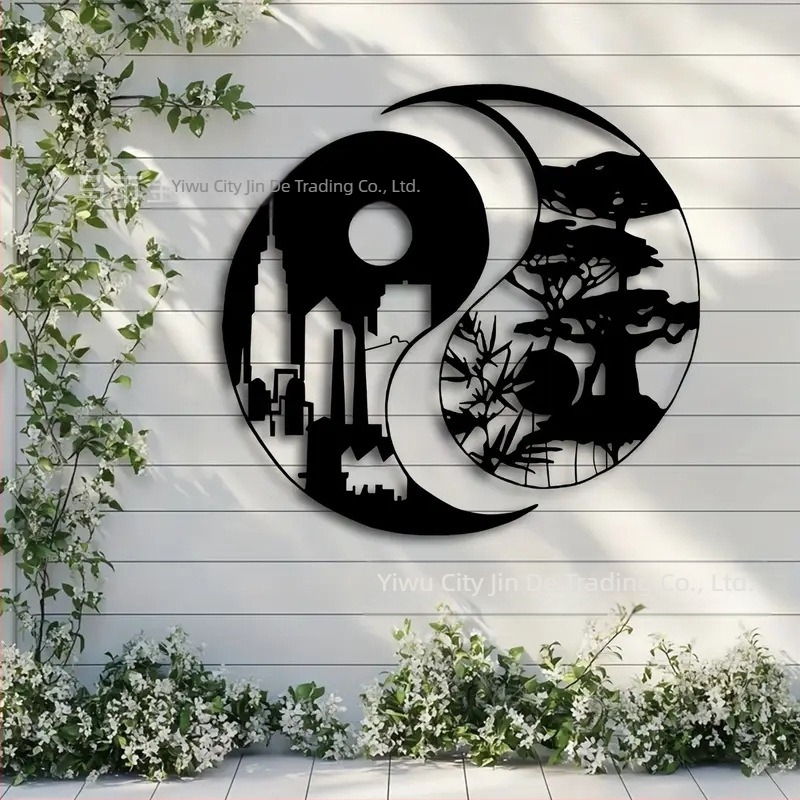 Željezna Yin–Yang zidna silueta – moderna geometrijska metalna dekoracija za dom i ured