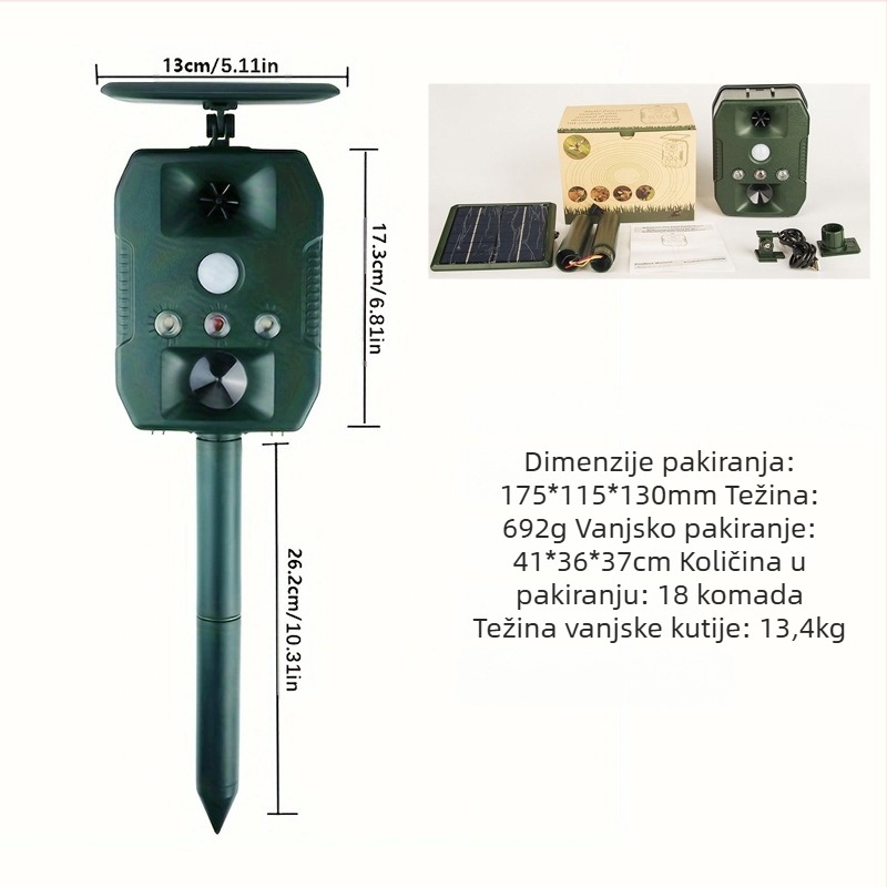 Vanjski solarni ultrazvučni repelent za životinje, model ZS-618, 5V, 13,5–28,5 kHz, 1W, LED bljeskalica