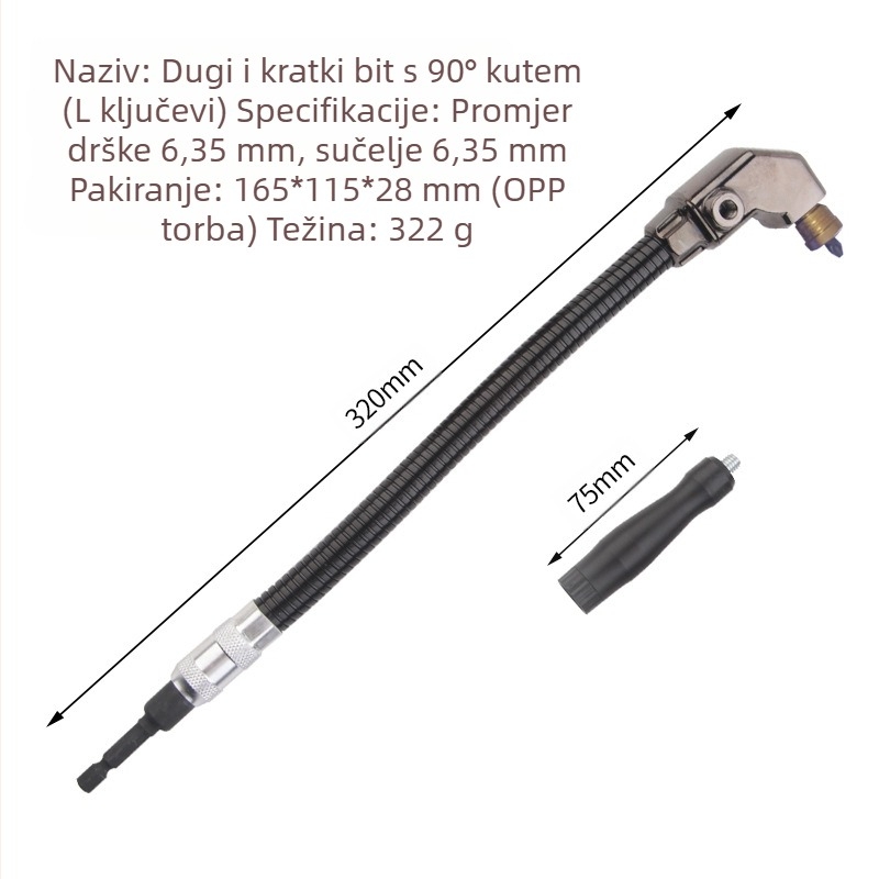 Adapter za bušilicu s 90° pravim kutem za uske prostore — krom-vanadij čelik, Bo zhi trading company, Zhejiang, 1 set, težina 0.325