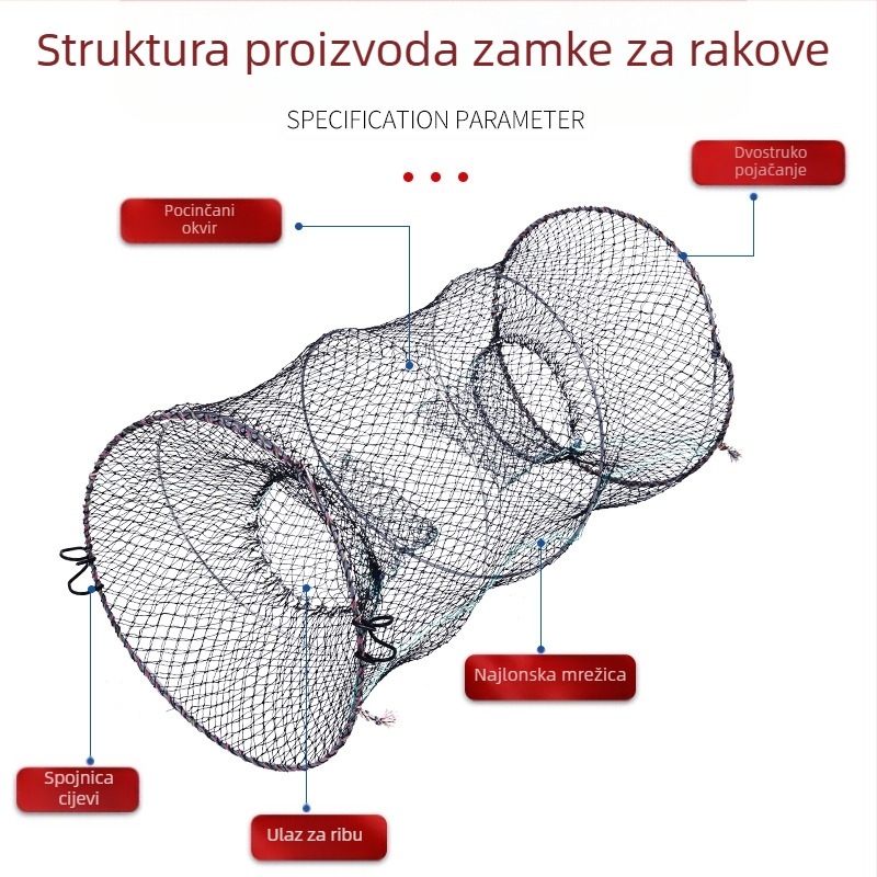 Šestžilna sklopiva klopka za krabe, okrugla teleskopna opružna mreža crne boje