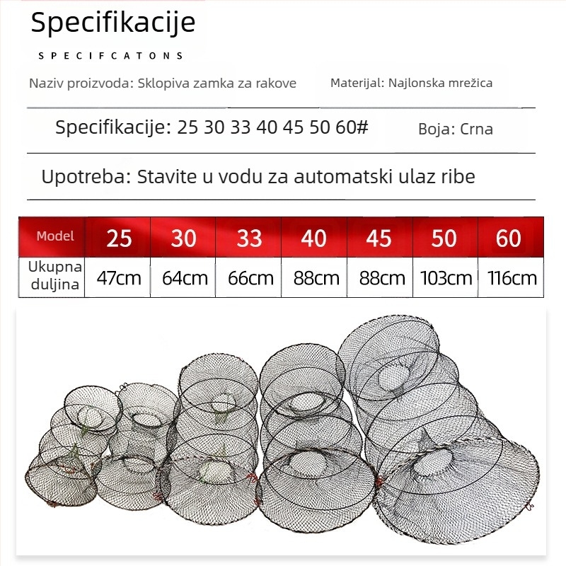 Šestžilna sklopiva klopka za krabe, okrugla teleskopna opružna mreža crne boje