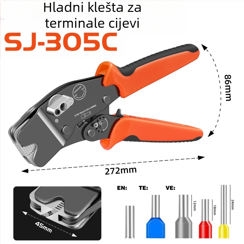 SANJIANG Krimp kliješta za VE cijevne terminale, predizolirani pin terminali, posebno krimpanje za cijevne terminale, visoko ugljično čelično, težina 0.52