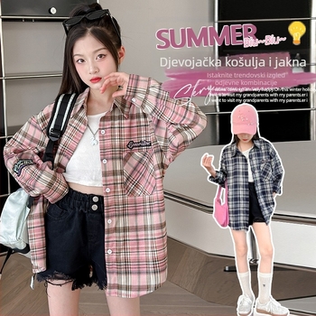 Dječja košulja za djevojčice s kariranim uzorkom, polo ovratnik, dugi rukavi, pamuk, udoban kroj