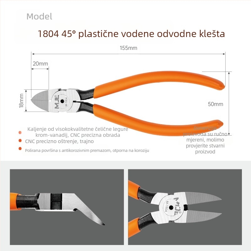 Meijialong Industrijske klase kliješta za vodnu usnu 90° s varijantama 45° i pravokutnog kuta | Krom-vanadijski čelik CR-V | Termička obrada 42–50 HRC | Oštrica 54–62 HRC | Težina 0,11 kg | Protikorozijska prevlaka