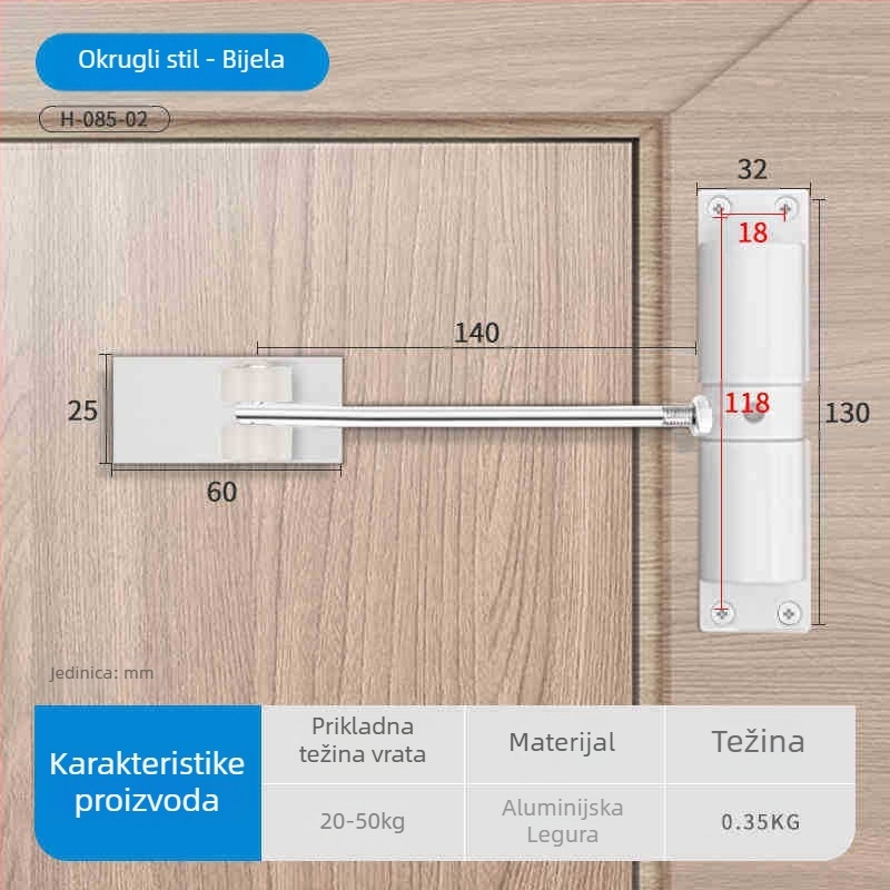 Kružni automatski zatvarač vrata s tihim zatvaranjem, mehanizmom vraćanja i zaštitom od sudara