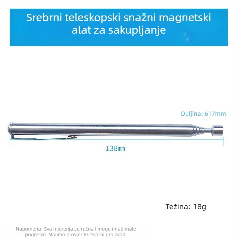 Izvlačni magnetski podizač, 1,5 lb, završna obloga od nehrđajućeg čelika, s klipsom za olovku, snažan magnet