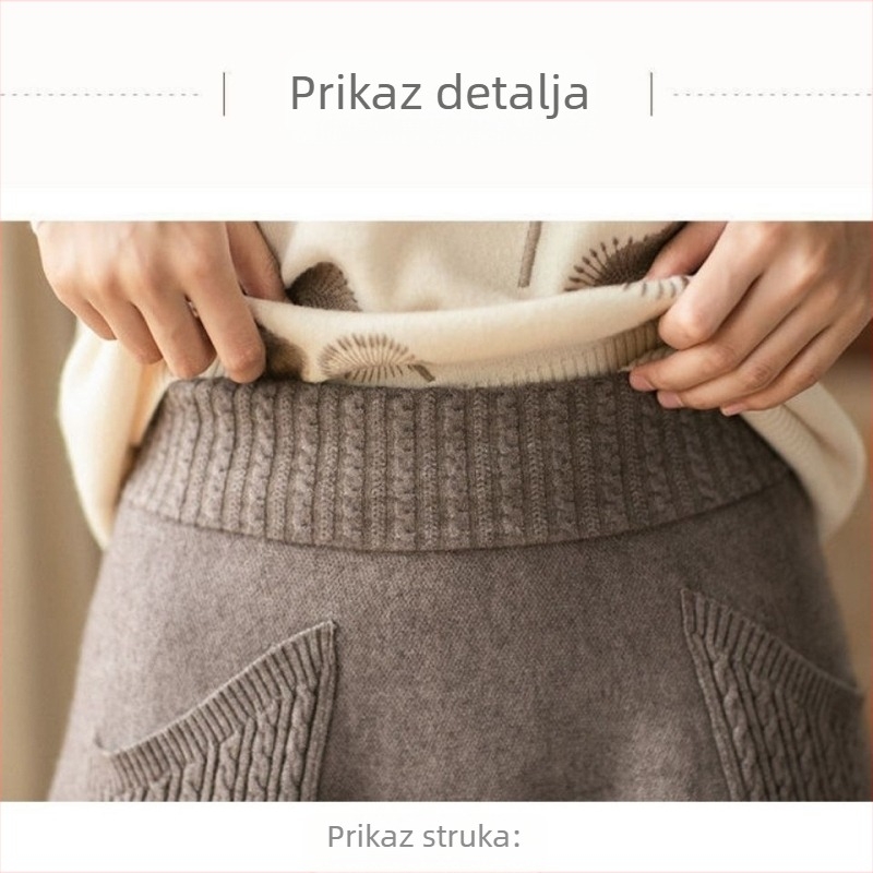 Ženska pletena suknja srednje duljine za jesen-zimu, s cvjetnim uzorkom, dvostrukim džepovima, ležernog voluminoznog kroja