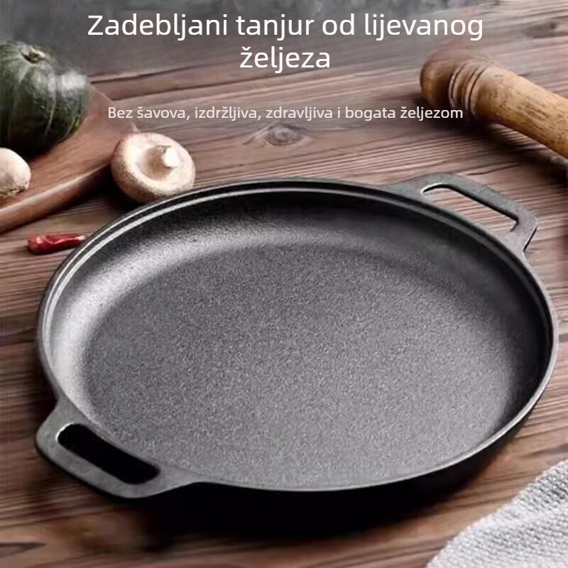 Lijevana tava za palačinke s dvostrukim drškama, bez premaza, stakleni poklopac; kompatibilna s indukcijom i plinskim štednjakom; dno s jednim dnom