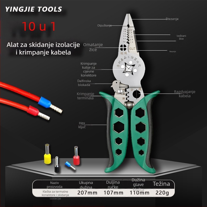 Yinjie Kriimpanje i skidanje izolacije za cijevne terminale, električarske kliješta, ravna glava, 0,22 kg
