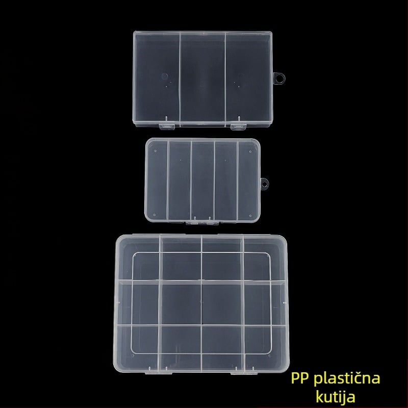 PP plastična kutija za pohranu s fiksnim pregradama i poklopom, konfiguracije 3, 5 ili 12 odjeljaka, pogodna za perle, vijke, ribarske udice, baterije i elektroničke komponente