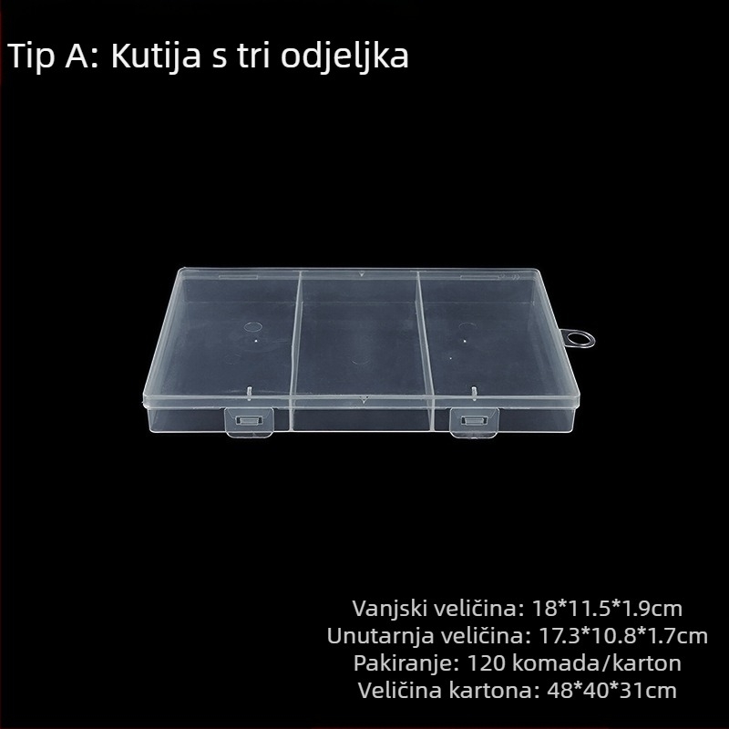 PP plastična kutija za pohranu s fiksnim pregradama i poklopom, konfiguracije 3, 5 ili 12 odjeljaka, pogodna za perle, vijke, ribarske udice, baterije i elektroničke komponente