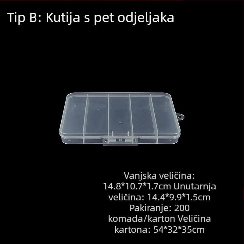 PP plastična kutija za pohranu s fiksnim pregradama i poklopom, konfiguracije 3, 5 ili 12 odjeljaka, pogodna za perle, vijke, ribarske udice, baterije i elektroničke komponente
